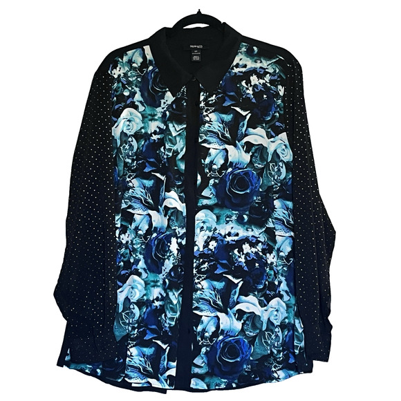 Blouse Blue Black Multi-media Semi Sheer Vibrant Artsy Event Career Party SZ 2X - Picture 1 of 9